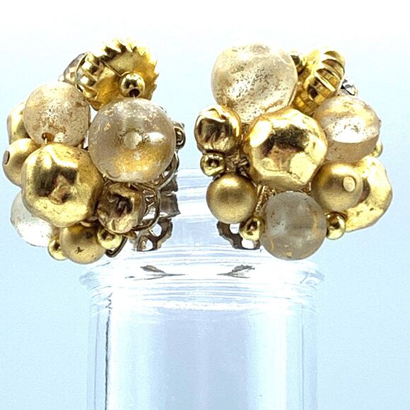 Vintage Gold Bead and Aurora Borealis Crystal Cluster Clip on Earrings - Picture 1 of 9